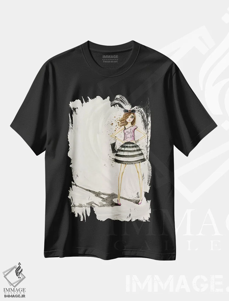 تیشرت مشکی طرح دار شیک پوشی پاریسی اوه لا لا، دست نقاشی و طراحی دستی اثر بلا پیلار | فروشگاه ایماژ