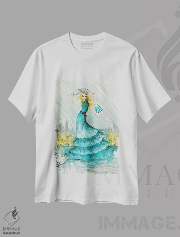 تیشرت سفید طرح دار استایل بارانی شیک در نیویورک، دست نقاشی و طراحی دستی اثر بلا پیلار | فروشگاه ایماژ