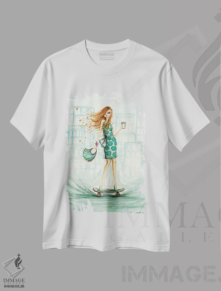 تیشرت سفید طرح دار اسکیت سوار uptown، دست نقاشی و طراحی دستی اثر بلا پیلار | immage.ir