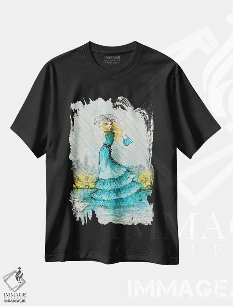 تیشرت مشکی طرح دار استایل بارانی شیک در نیویورک، دست نقاشی و طراحی دستی اثر بلا پیلار | immage.ir