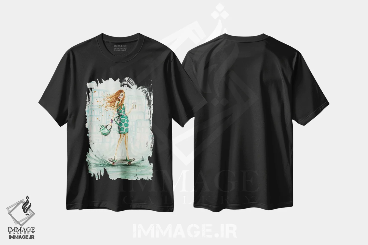 تیشرت مشکی طرح دار اسکیت سوار uptown، دست نقاشی و طراحی دستی اثر بلا پیلار | فروشگاه ایماژ