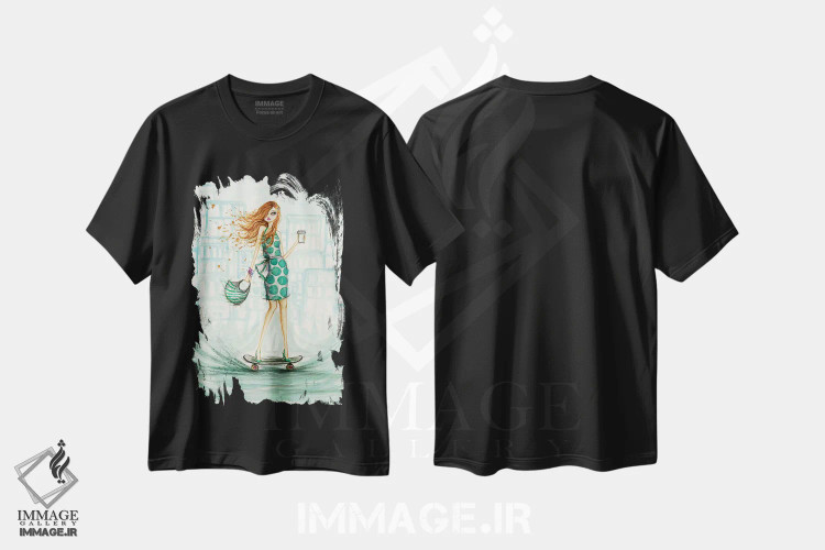 تیشرت مشکی طرح دار اسکیت سوار uptown، دست نقاشی و طراحی دستی اثر بلا پیلار | فروشگاه ایماژ