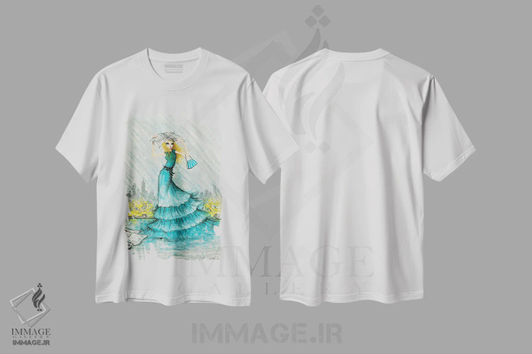 تیشرت سفید طرح دار استایل بارانی شیک در نیویورک، دست نقاشی و طراحی دستی اثر بلا پیلار | فروشگاه ایماژ