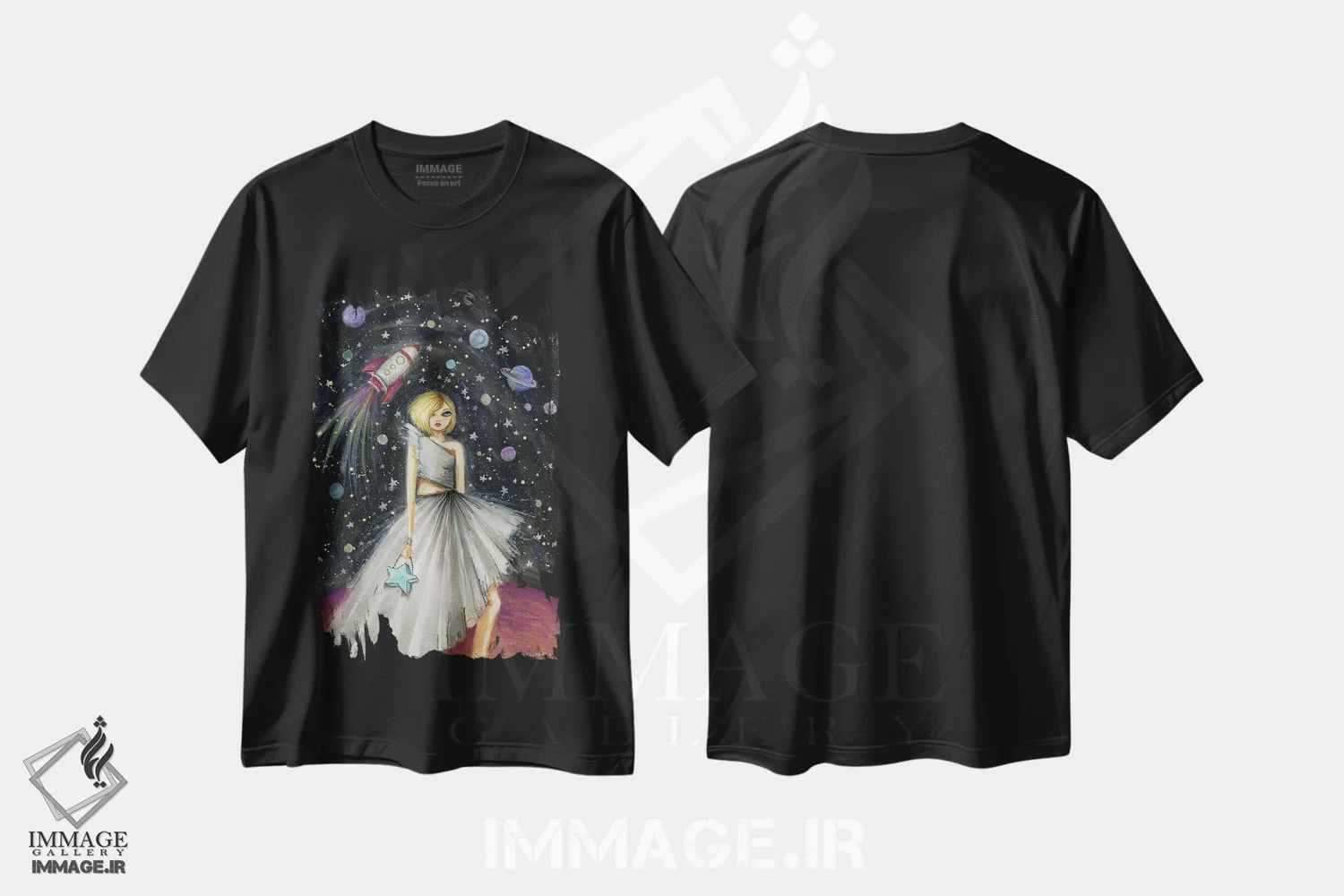 تیشرت مشکی طرح دار فرشتهٔ ستاره ای اثر بلا پیلار | فروشگاه ایماژ