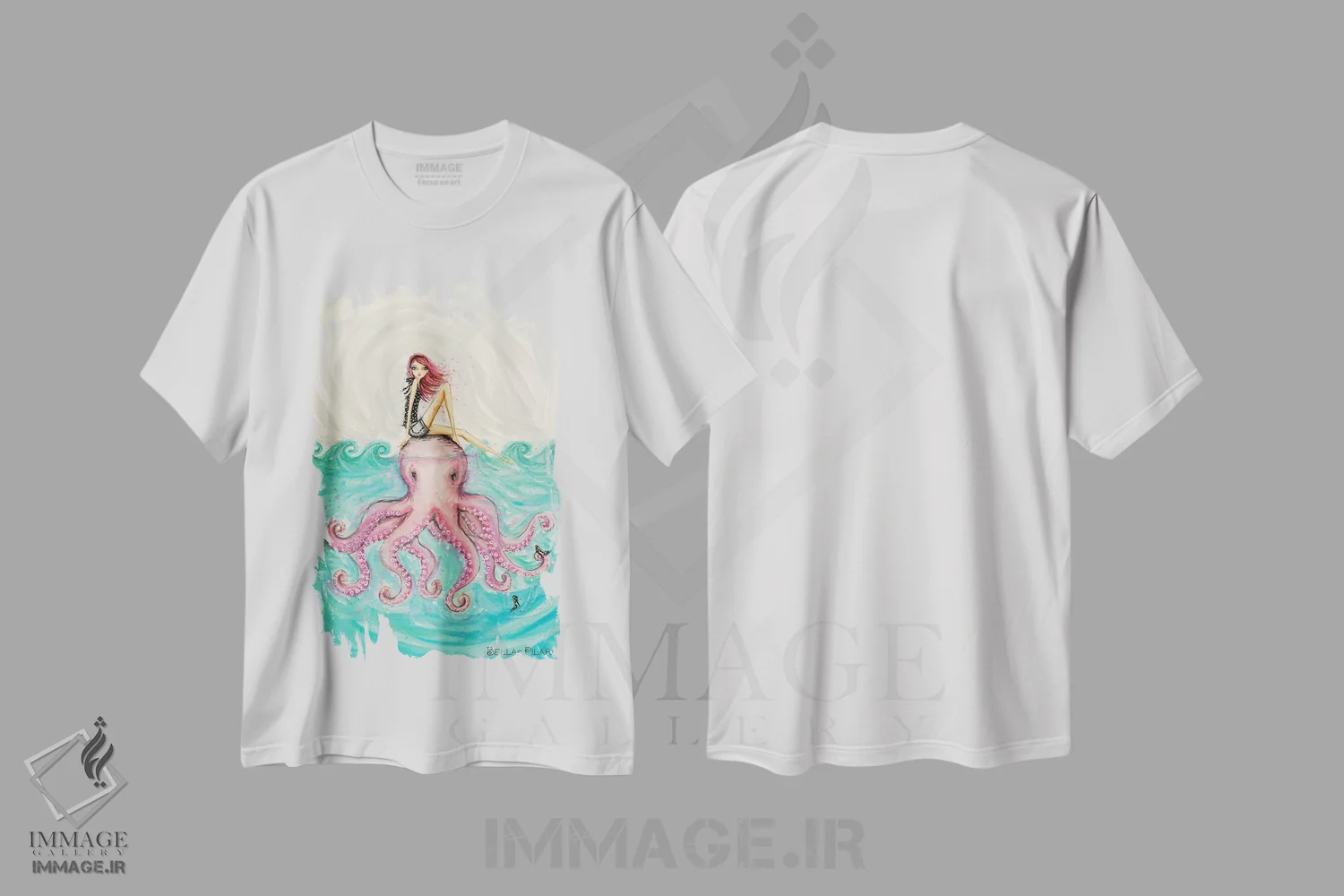 تیشرت سفید طرح دار دختر هشت پا اثر بلا پیلار | immage.ir