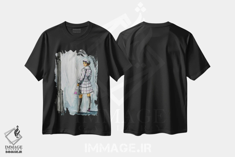 تیشرت مشکی طرح دار آدریانا زیر چراغ خیابان، دست نقاشی و طراحی دستی اثر بلا پیلار | فروشگاه ایماژ