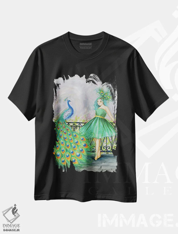 تیشرت مشکی طرح دار کندیس و طاووسش، دست نقاشی و طراحی دستی اثر بلا پیلار | immage.ir