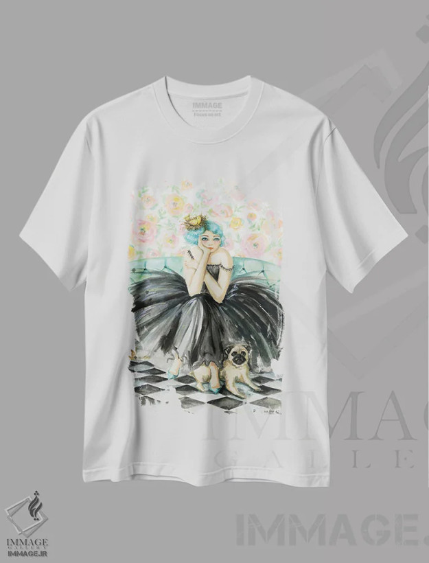 تیشرت سفید طرح دار الوییز و جورج، دست نقاشی و طراحی دستی اثر بلا پیلار | فروشگاه ایماژ