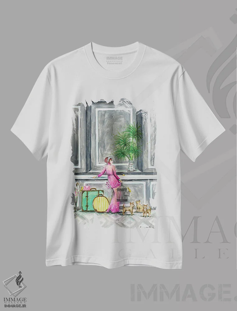 تیشرت سفید طرح دار الیزا در حال پذیرش، دست نقاشی و طراحی دستی اثر بلا پیلار | immage.ir