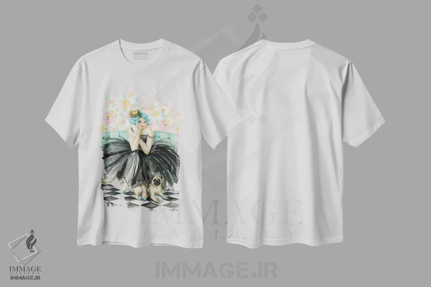 تیشرت سفید طرح دار الوییز و جورج، دست نقاشی و طراحی دستی اثر بلا پیلار | فروشگاه ایماژ