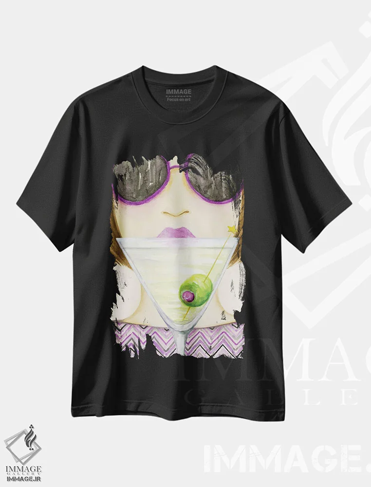 تیشرت مشکی طرح دار کوکتل جشن، دست نقاشی و طراحی دستی اثر بلا پیلار | فروشگاه ایماژ