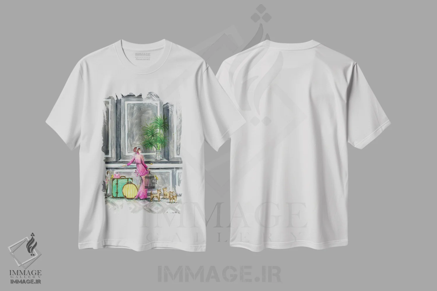 تیشرت سفید طرح دار الیزا در حال پذیرش، دست نقاشی و طراحی دستی اثر بلا پیلار | immage.ir