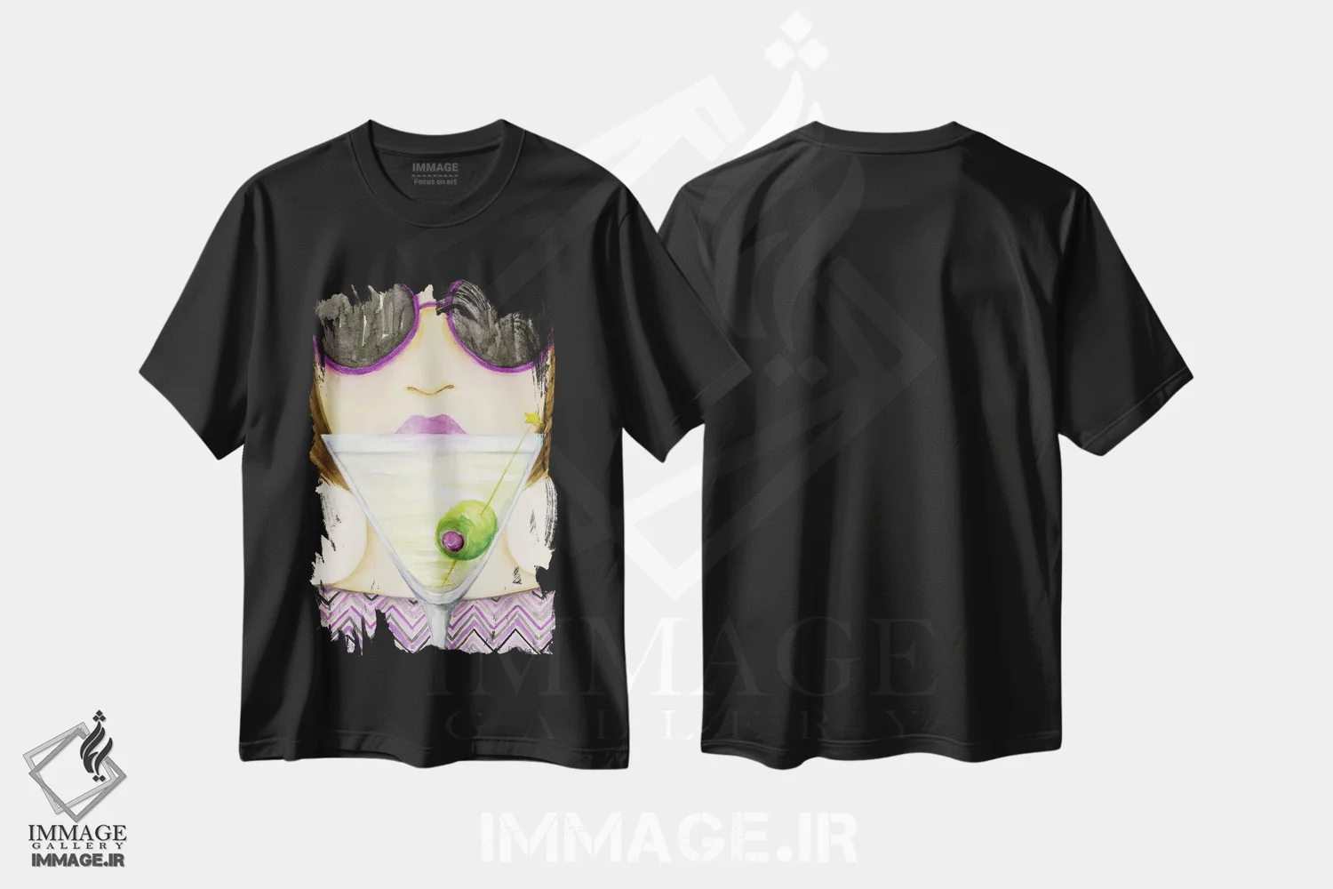 تیشرت مشکی طرح دار کوکتل جشن، دست نقاشی و طراحی دستی اثر بلا پیلار | فروشگاه ایماژ