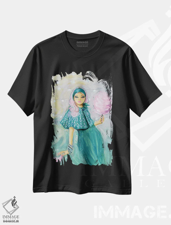 تیشرت مشکی طرح دار پشمک بانوی جشن، دست نقاشی و طراحی دستی اثر بلا پیلار | immage.ir