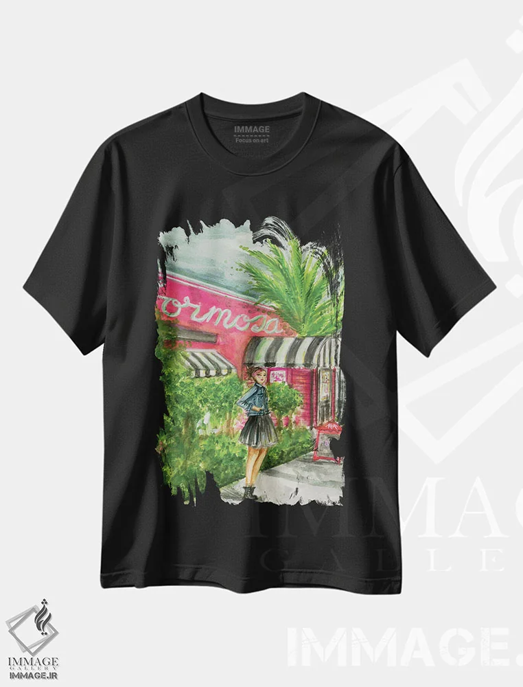 تیشرت مشکی طرح دار بلا در فروموزا، دست نقاشی و طراحی دستی اثر بلا پیلار | فروشگاه ایماژ