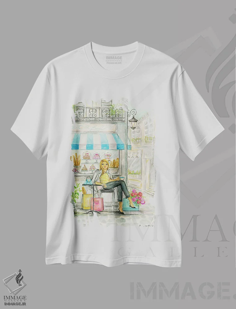 تیشرت سفید طرح دار یک روز فرانسوی بی نقص، دست نقاشی و طراحی دستی اثر بلا پیلار | immage.ir