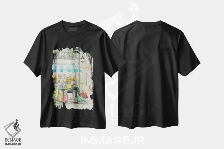 تیشرت مشکی طرح دار یک روز فرانسوی بی نقص، دست نقاشی و طراحی دستی اثر بلا پیلار | فروشگاه ایماژ