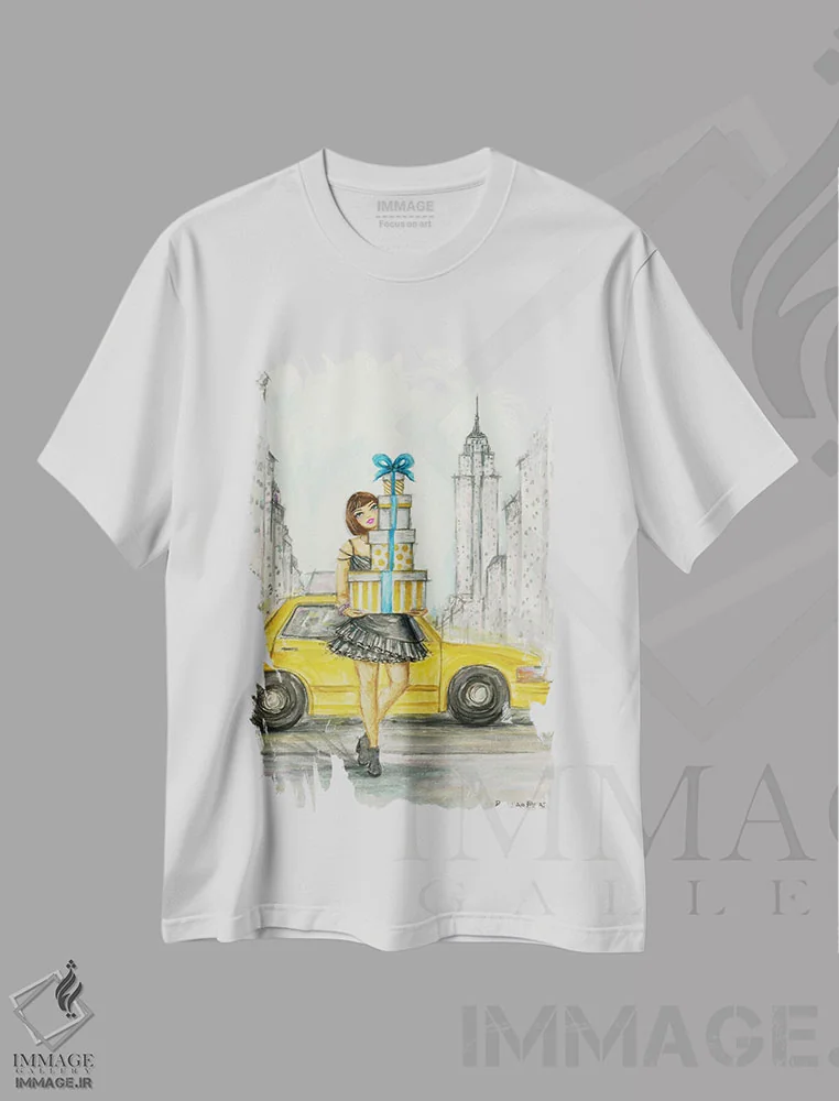 تیشرت سفید طرح دار یک روز نیویورکی بی نقص، دست نقاشی و طراحی دستی اثر بلا پیلار | فروشگاه ایماژ