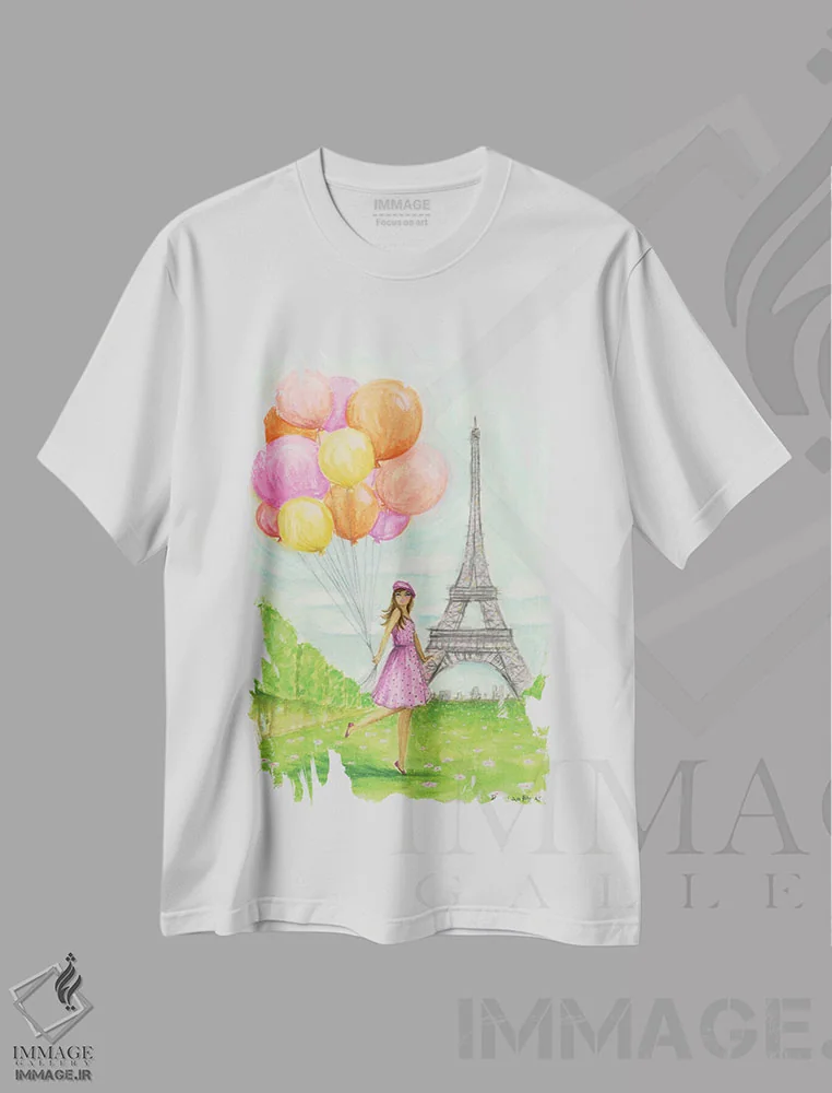تیشرت سفید طرح دار یک روز پاریسی بی نقص، دست نقاشی و طراحی دستی اثر بلا پیلار | immage.ir