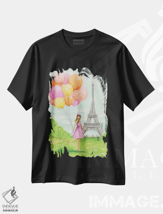 تیشرت مشکی طرح دار یک روز پاریسی بی نقص، دست نقاشی و طراحی دستی اثر بلا پیلار | فروشگاه ایماژ