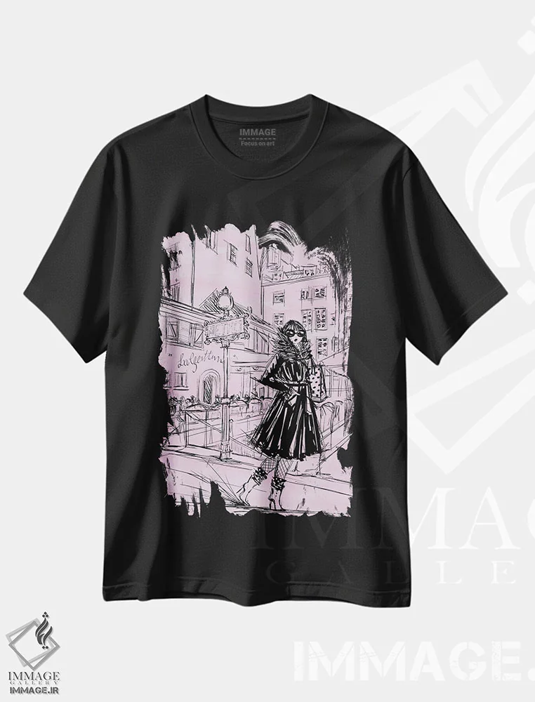تیشرت مشکی طرح دار سلست کنار مترو به رنگ رز، دست نقاشی و طراحی دستی اثر بلا پیلار | فروشگاه ایماژ