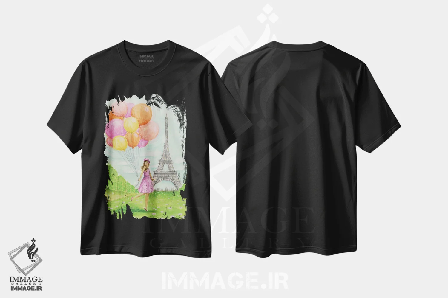 تیشرت مشکی طرح دار یک روز پاریسی بی نقص، دست نقاشی و طراحی دستی اثر بلا پیلار | فروشگاه ایماژ