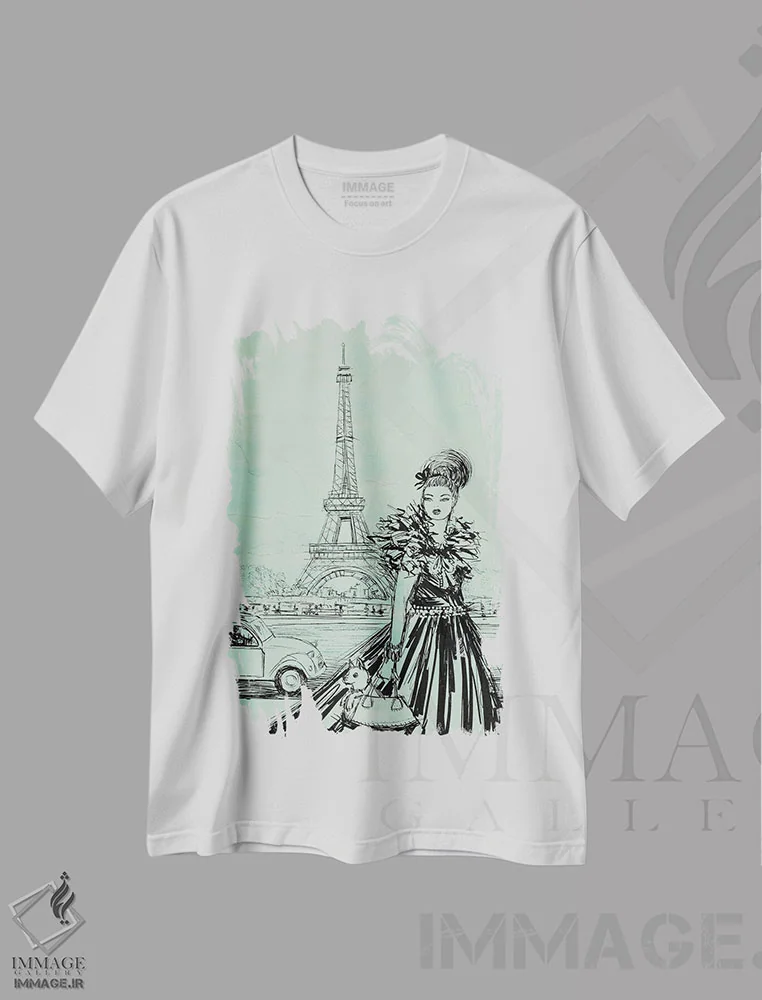 تیشرت سفید طرح دار شانتال در منطقهٔ هفتم به رنگ پسته ای، دست نقاشی و طراحی دستی اثر بلا پیلار | فروشگاه ایماژ