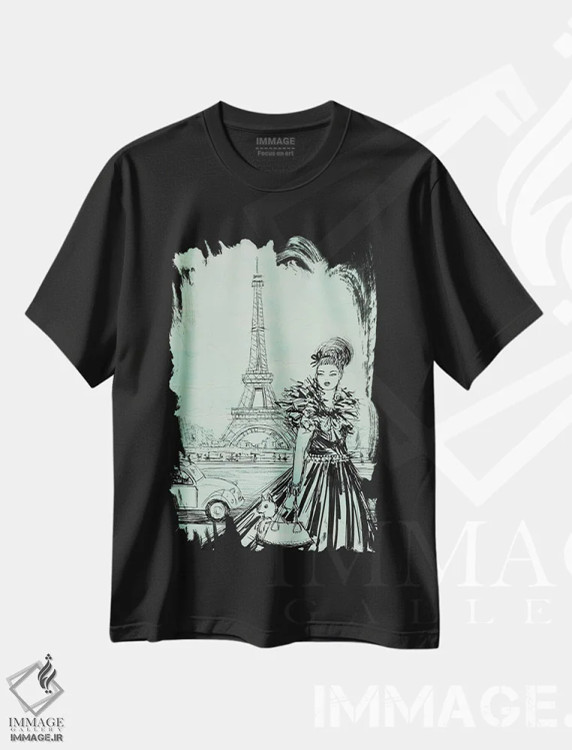 تیشرت مشکی طرح دار شانتال در منطقهٔ هفتم به رنگ پسته ای، دست نقاشی و طراحی دستی اثر بلا پیلار | immage.ir