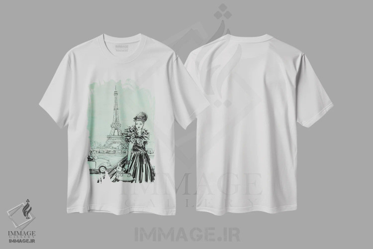 تیشرت سفید طرح دار شانتال در منطقهٔ هفتم به رنگ پسته ای، دست نقاشی و طراحی دستی اثر بلا پیلار | فروشگاه ایماژ