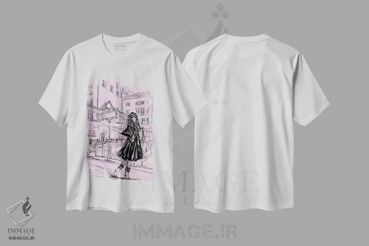 تیشرت سفید طرح دار سلست کنار مترو به رنگ رز، دست نقاشی و طراحی دستی اثر بلا پیلار | immage.ir