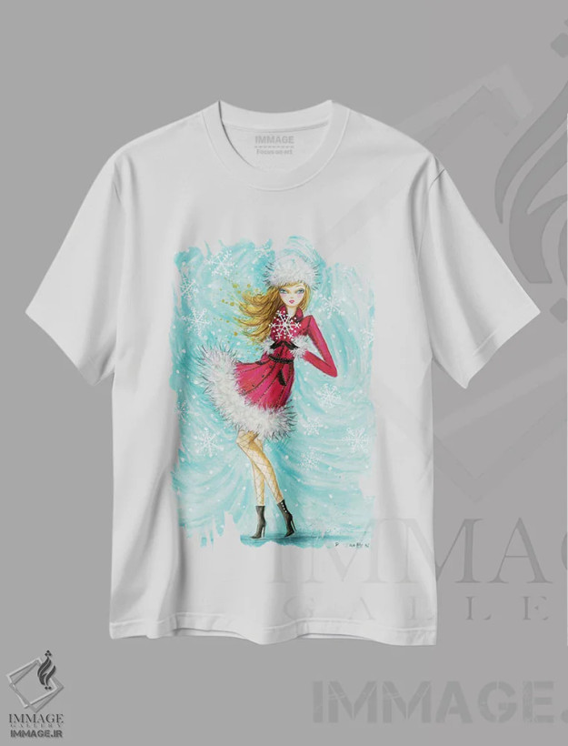 تیشرت سفید طرح دار دانهٔ برف خیره کنندهٔ بلیث، دست نقاشی و طراحی دستی اثر بلا پیلار | فروشگاه ایماژ