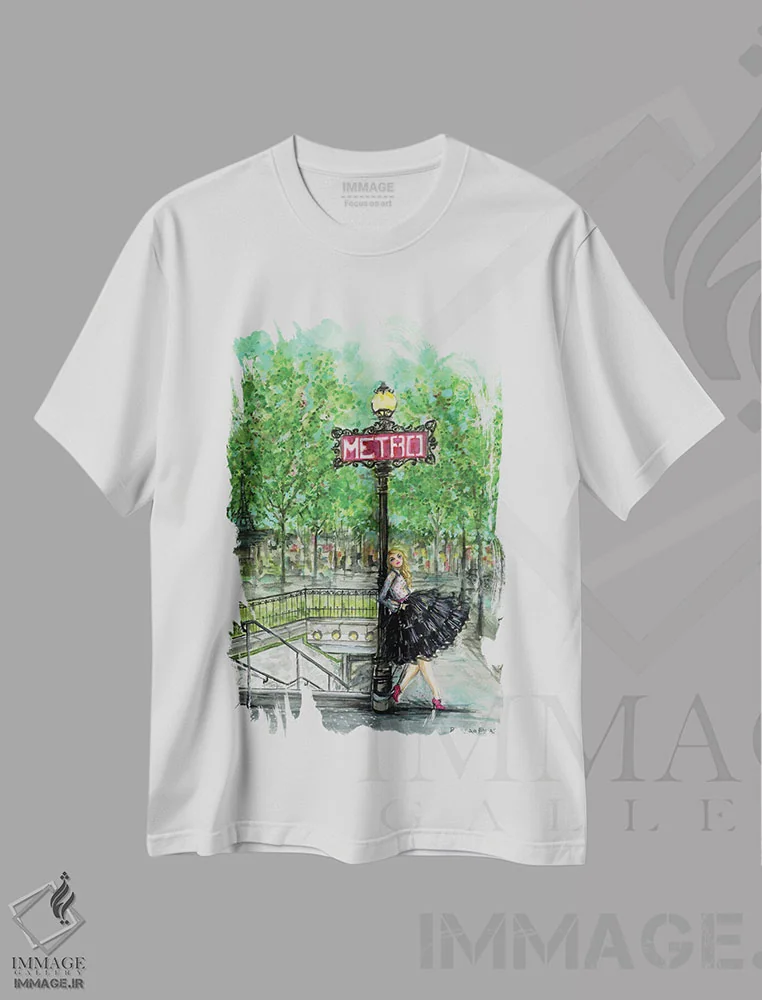 تیشرت سفید طرح دار مرا در متروی پاریس ملاقات کن، دست نقاشی و طراحی دستی اثر بلا پیلار | immage.ir