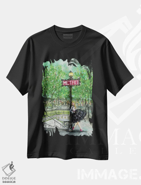 تیشرت مشکی طرح دار مرا در متروی پاریس ملاقات کن، دست نقاشی و طراحی دستی اثر بلا پیلار | فروشگاه ایماژ