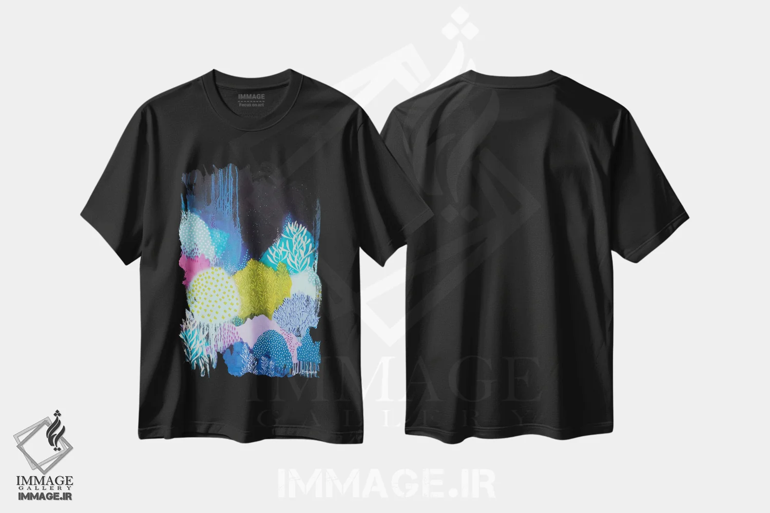 تیشرت مشکی طرح دار شکوفه های شب، آبستره اثر کلر برمنر | فروشگاه ایماژ