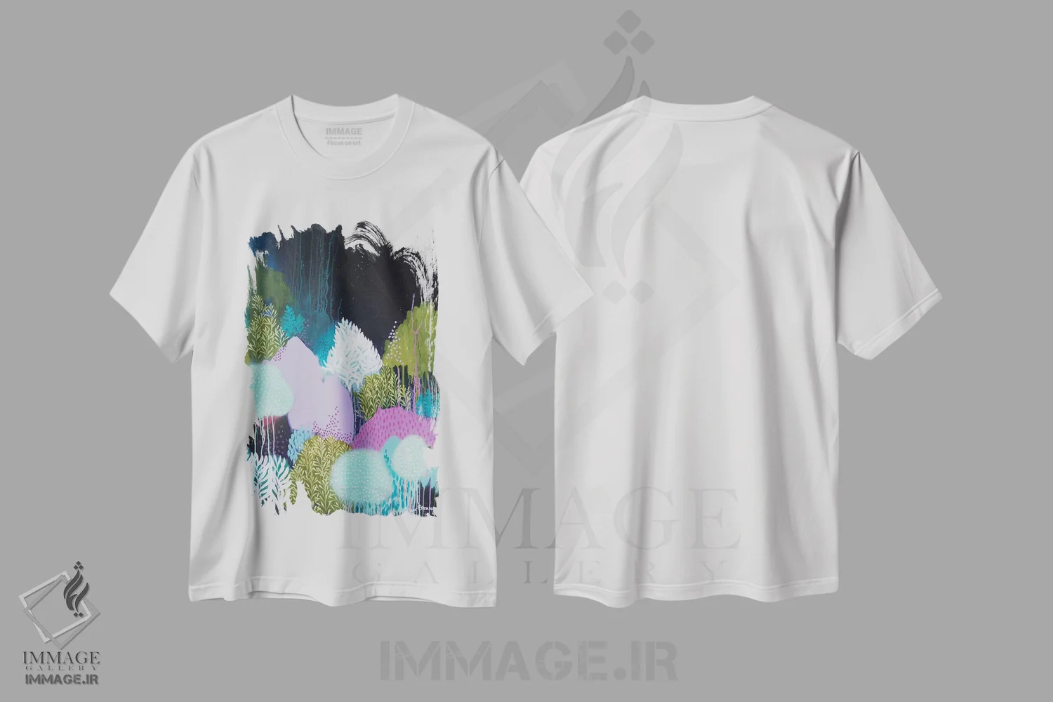 تیشرت سفید طرح دار شکوفه های شب، آبستره اثر کلر برمنر | فروشگاه ایماژ