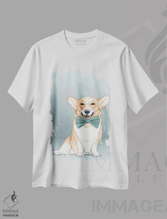 تیشرت سفید طرح دار سگ کورگی، هنر فاخر اثر باروف | فروشگاه ایماژ