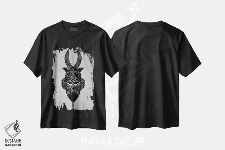 تیشرت مشکی طرح دار نقاب قبیله ای شاخدار ۱، دکور آفریقایی اثر باروف | فروشگاه ایماژ