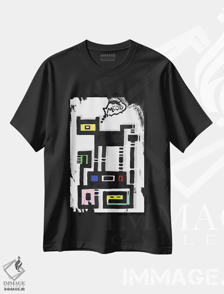 تیشرت مشکی طرح دار گربهٔ شهری شاخدار، تزئینی اثر باروف | فروشگاه ایماژ
