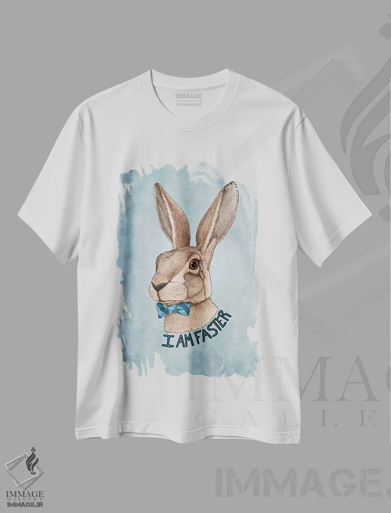تیشرت سفید طرح دار آقای خرگوش سریع تر است، دست نقاشی و طراحی دستی اثر باروف | فروشگاه ایماژ