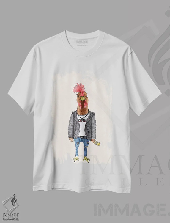 تیشرت سفید طرح دار خروس پانک، دست نقاشی و طراحی دستی اثر باروف | فروشگاه ایماژ