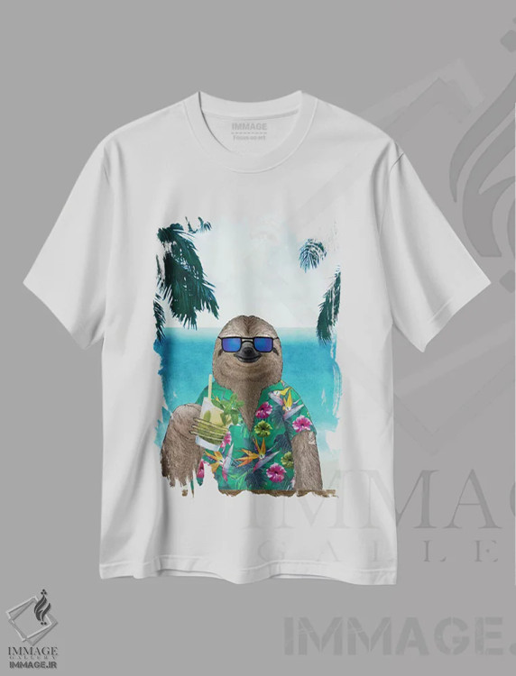تیشرت سفید طرح دار تنبل تابستانی، دست نقاشی و طراحی دستی اثر باروف | فروشگاه ایماژ
