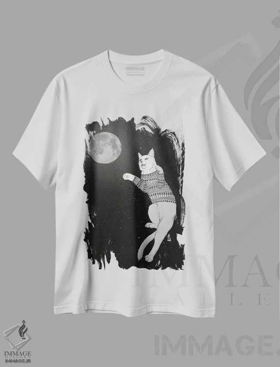 تیشرت سفید طرح دار گربه ای در تلاش برای گرفتن ماه اثر باروف | immage.ir