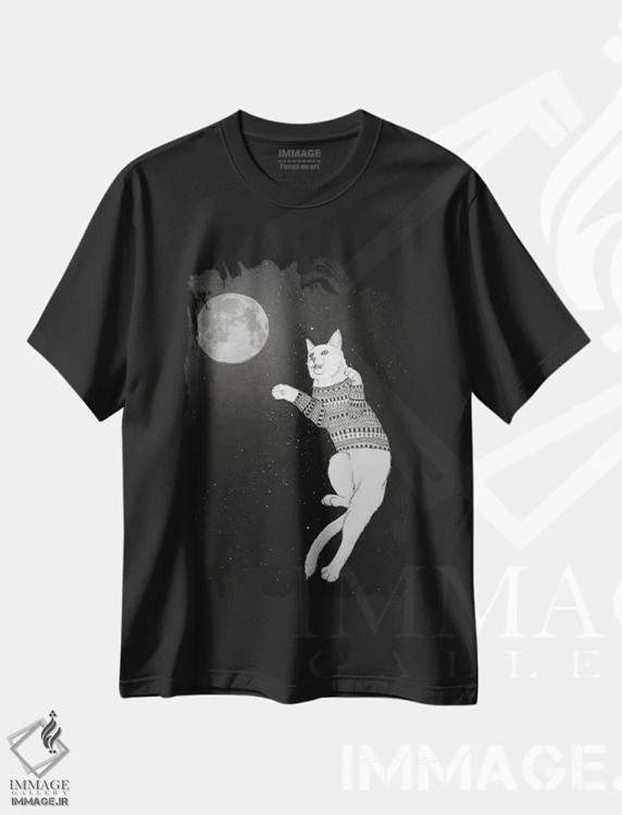 تیشرت مشکی طرح دار گربه ای در تلاش برای گرفتن ماه اثر باروف | فروشگاه ایماژ