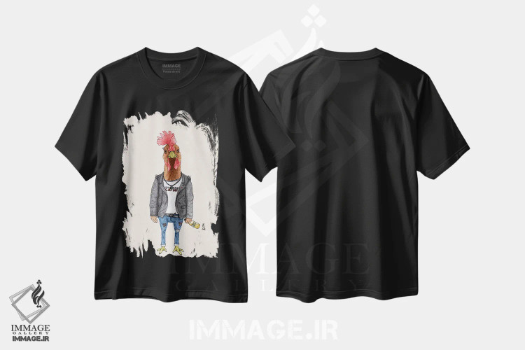 تیشرت مشکی طرح دار خروس پانک، دست نقاشی و طراحی دستی اثر باروف | immage.ir