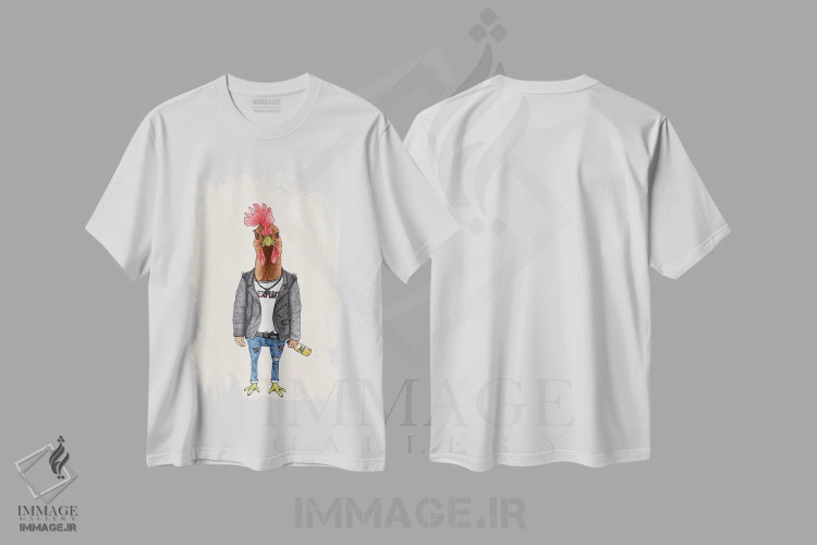 تیشرت سفید طرح دار خروس پانک، دست نقاشی و طراحی دستی اثر باروف | فروشگاه ایماژ