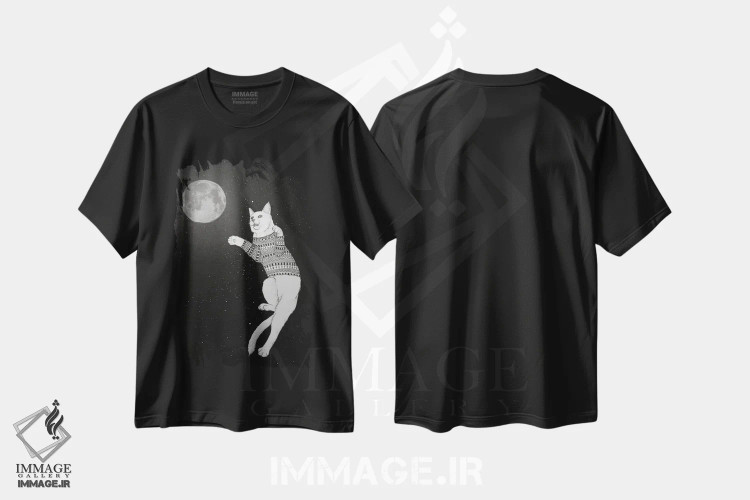 تیشرت مشکی طرح دار گربه ای در تلاش برای گرفتن ماه اثر باروف | فروشگاه ایماژ