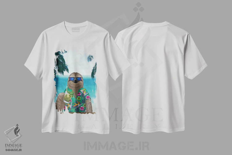 تیشرت سفید طرح دار تنبل تابستانی، دست نقاشی و طراحی دستی اثر باروف | فروشگاه ایماژ