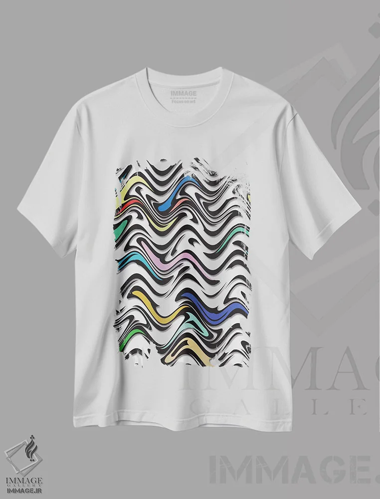 تیشرت سفید طرح دار موج روان گردان در یک انتزاع شهری، آبستره اثر باروف | فروشگاه ایماژ