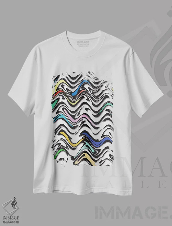 تیشرت سفید طرح دار موج روان گردان در یک انتزاع شهری، آبستره اثر باروف | فروشگاه ایماژ