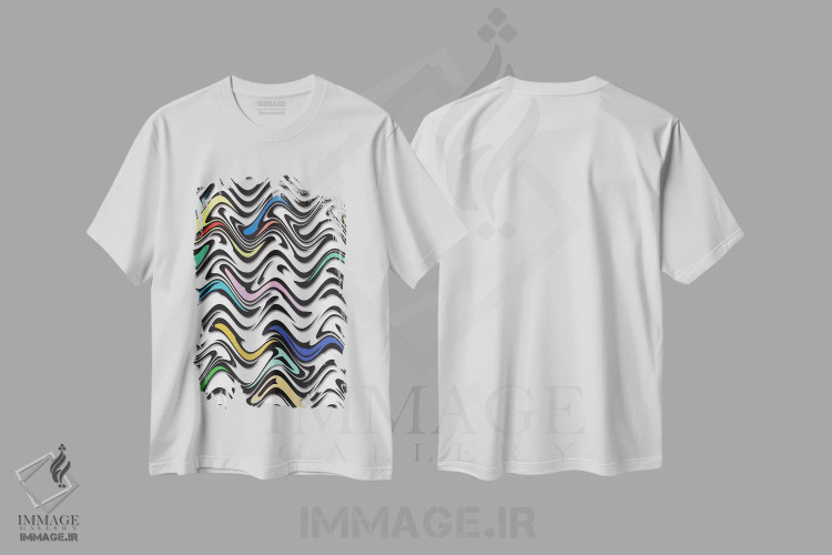 تیشرت سفید طرح دار موج روان گردان در یک انتزاع شهری، آبستره اثر باروف | فروشگاه ایماژ